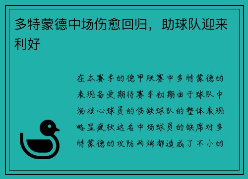 多特蒙德中场伤愈回归，助球队迎来利好