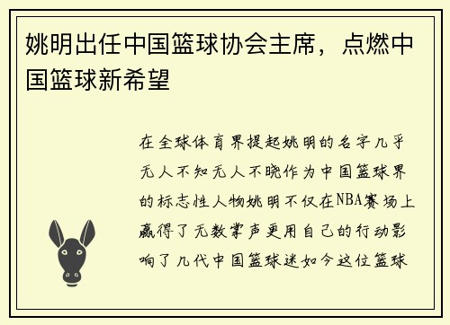 姚明出任中国篮球协会主席，点燃中国篮球新希望